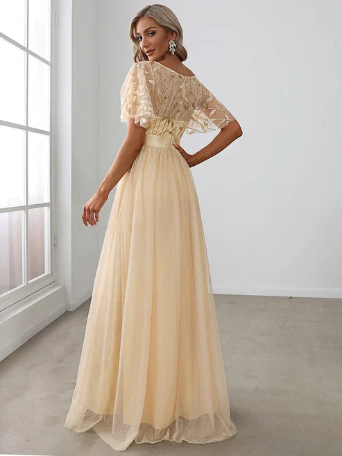 A-Line Sequin Leaf Maxi Prom Dress with Sleeves/Evening Dresses Party Dresses Wedding Guest Dresses
