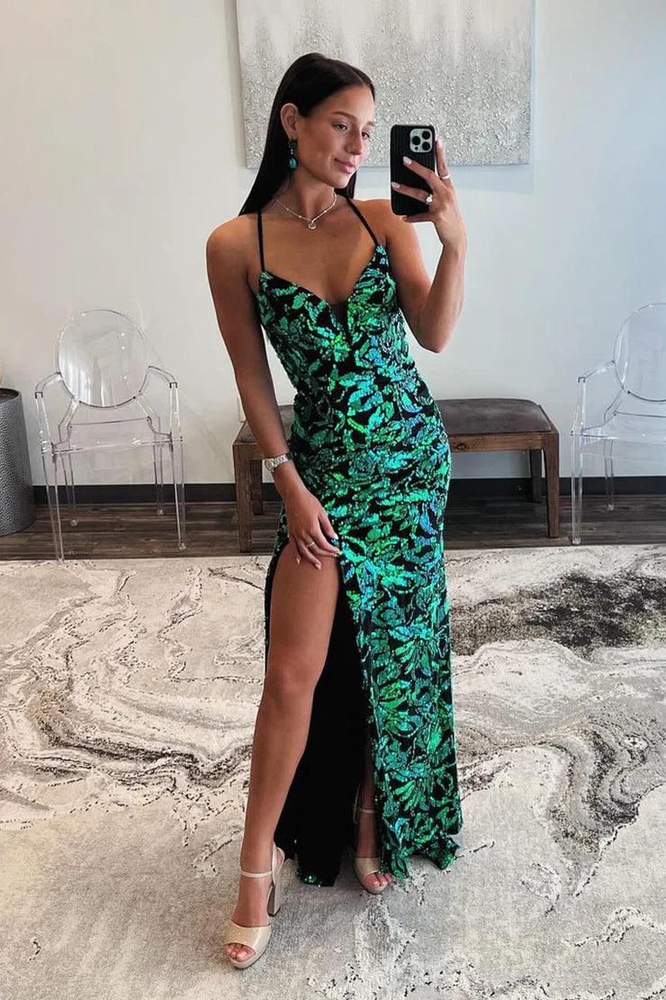 Mermaid Spaghetti Straps V Neck Green Sequins Lace Long Prom Dress with Slit