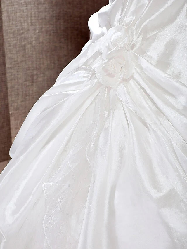 Princess A-Line Ball Gown Wedding Dresses One Shoulder Cathedral Train Taffeta Sleeveless Floor Length 