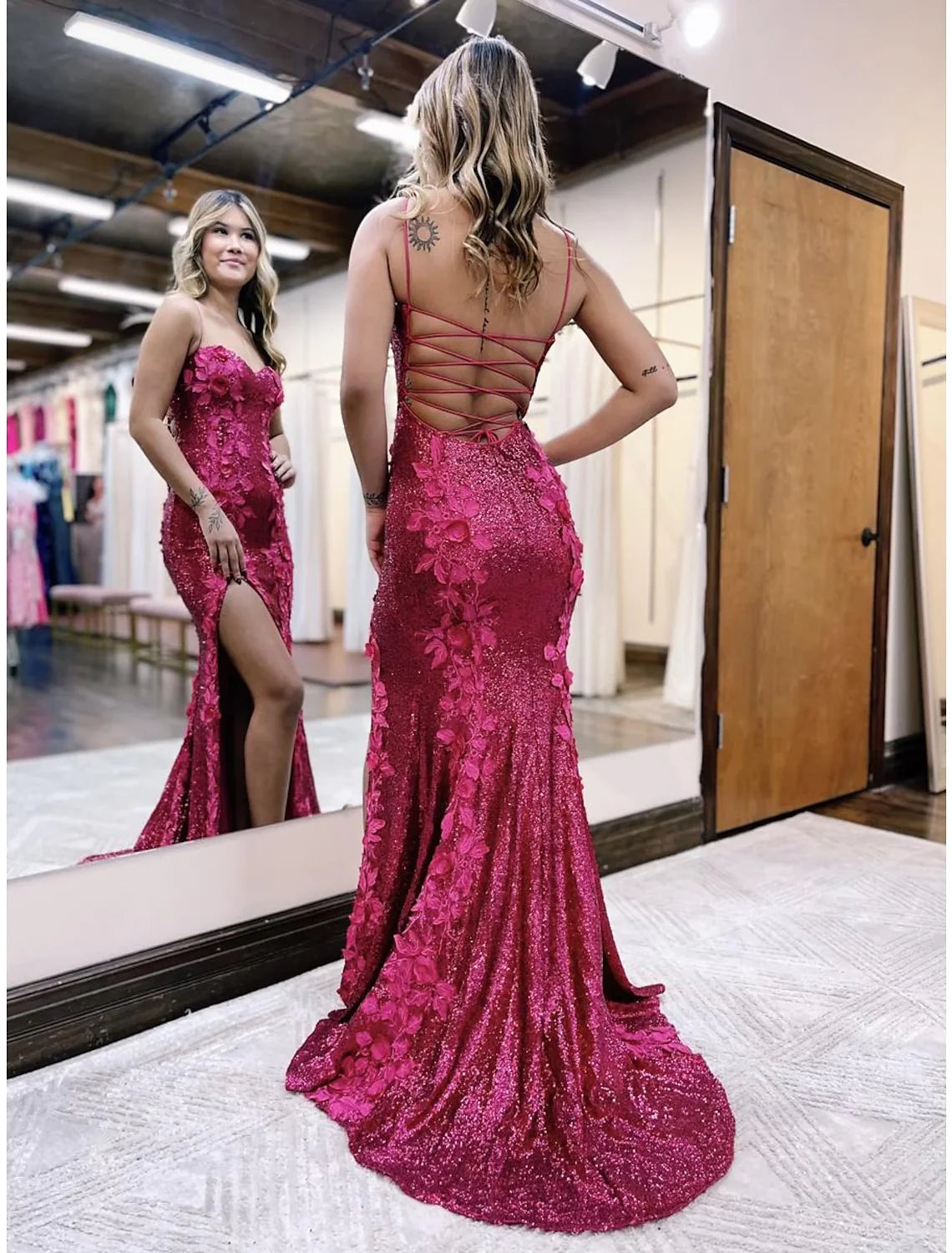 Mermaid / Trumpet Evening Gown Sexy Dress Formal Sweep / Brush Train Sleeveless Spaghetti Strap Sequined Backless with Sequin Appliques Slit Front