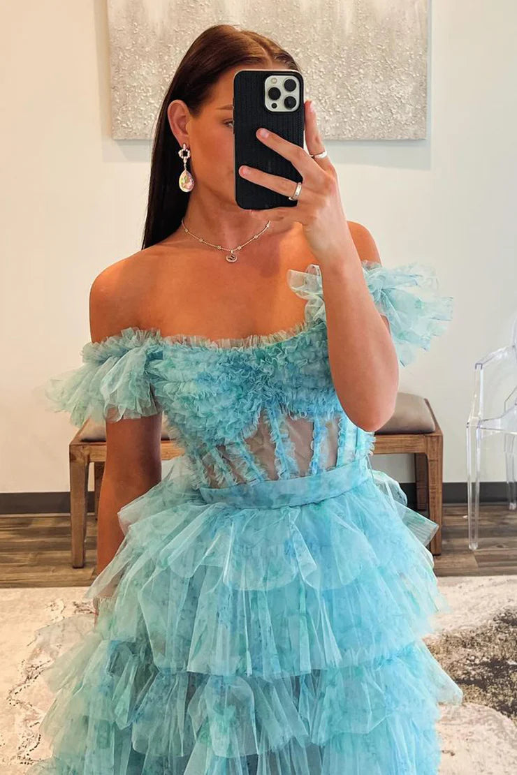 A Line Off the Shoulder Ruffle Tiered Tulle Prom Dress with Slit Beautiful