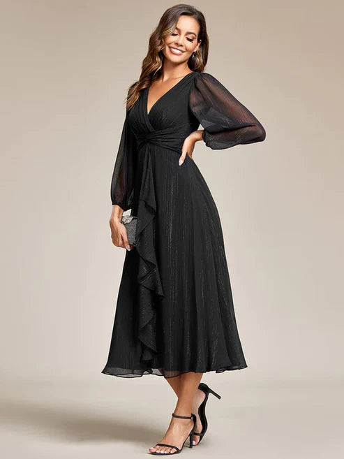 See-Through Long Sleeve Twist Knot A-Line Lotus Leaf Shimmering Evening Dress/Prom Dresses Party Dresses