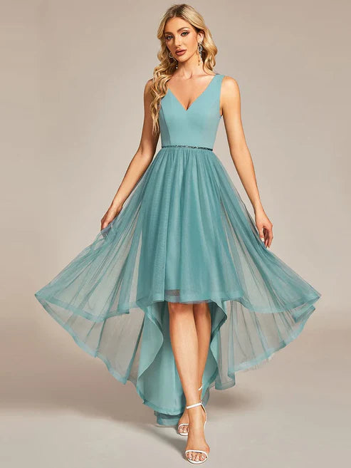 Sleeveless Tulle High Low Prom Dress with Waist Chain Evening Dresses/Prom Dresses Party Dresses Wedding Guest Dresses
