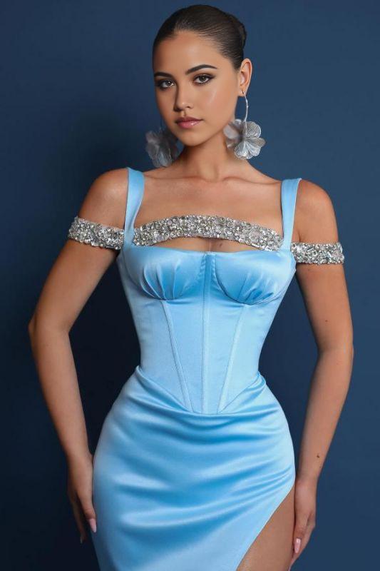 Sheath Mermaid Off the Shoulder Sweep/Brush Train Satin Prom Dresses Party Dress With Ruched Slit