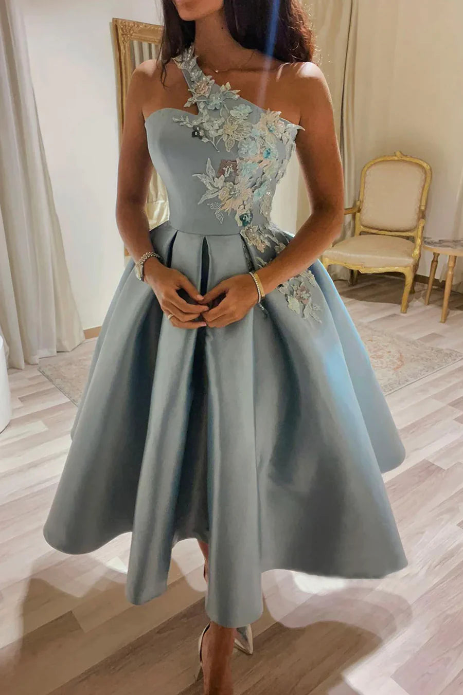 A-Line One Shoulder Satin Lace Short Prom Dress Party Dress With Appliques