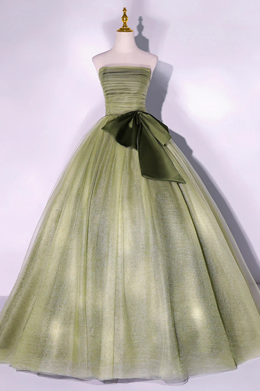A-Line Strapless Floor Length Tulle Long Formal Dress Evening Party Dress With Bow/Ribbon