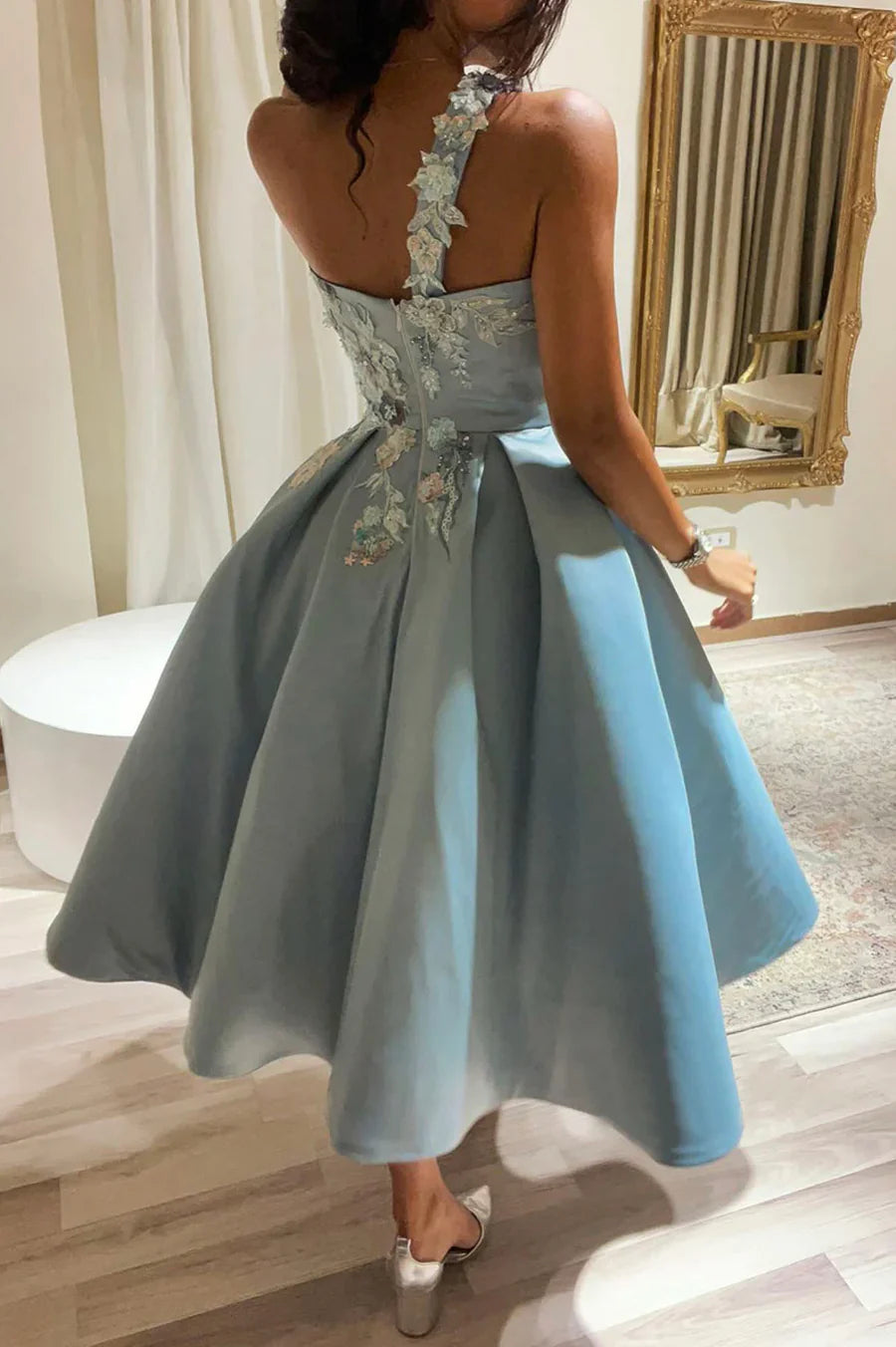A-Line One Shoulder Satin Lace Short Prom Dress Party Dress With Appliques