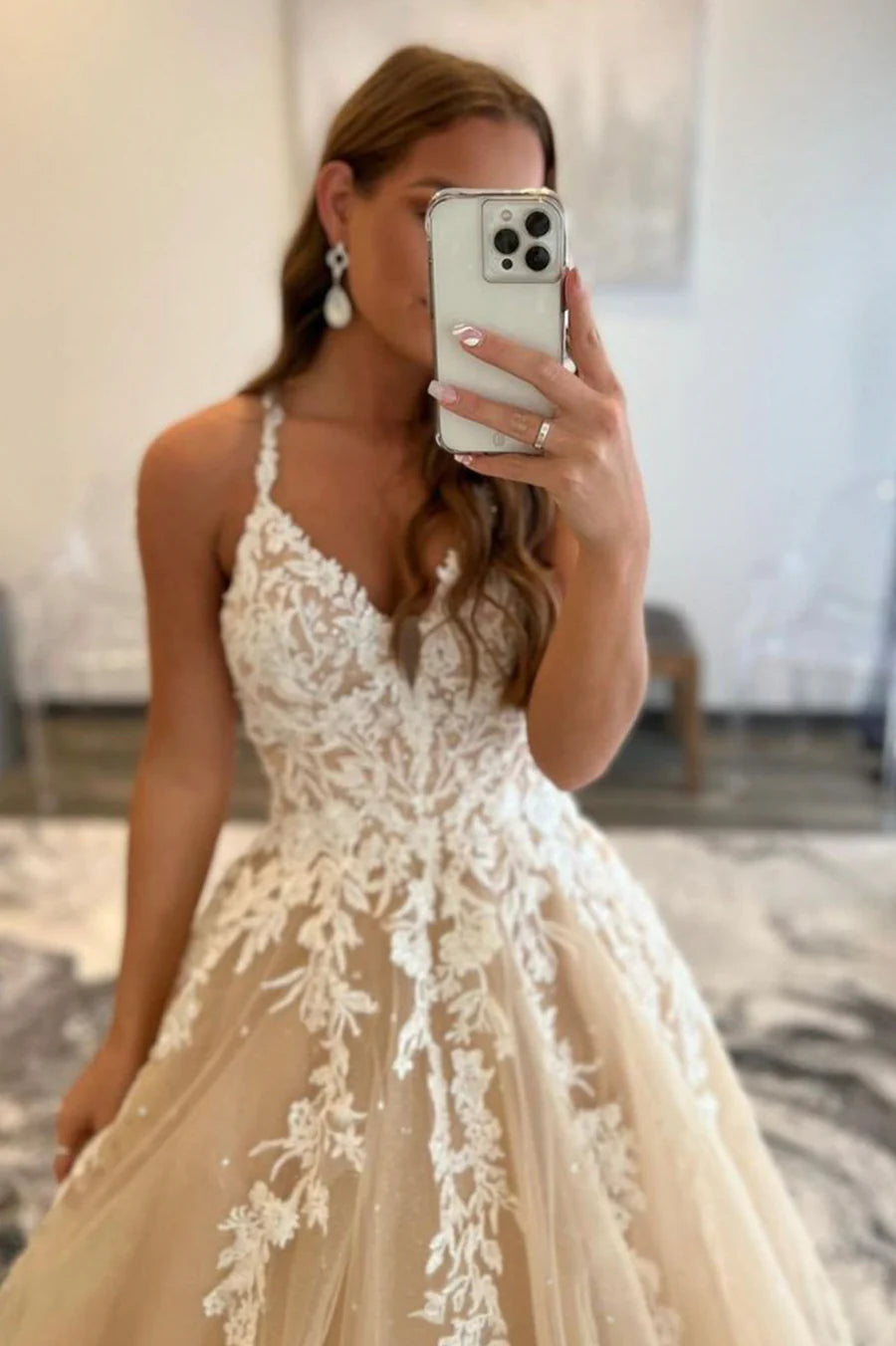 A-Line Champagne V-Neck Lace Long Formal Party Prom Dresses Formal Party Dress With Appliques
