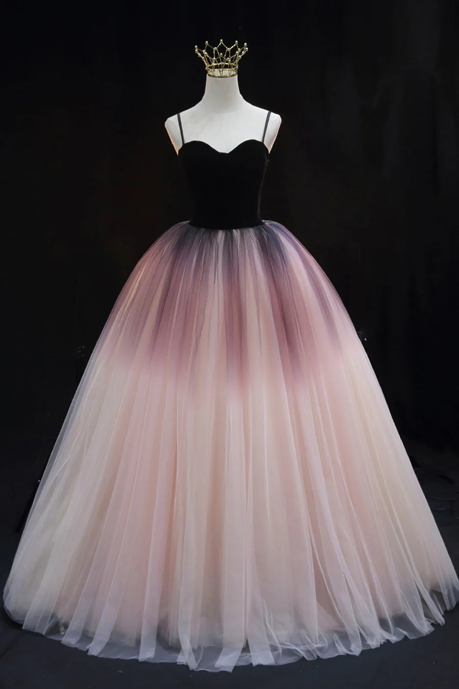 A Line Spaghetti Straps Ombre Tulle Floor Length Prom Dresses Party Dresses