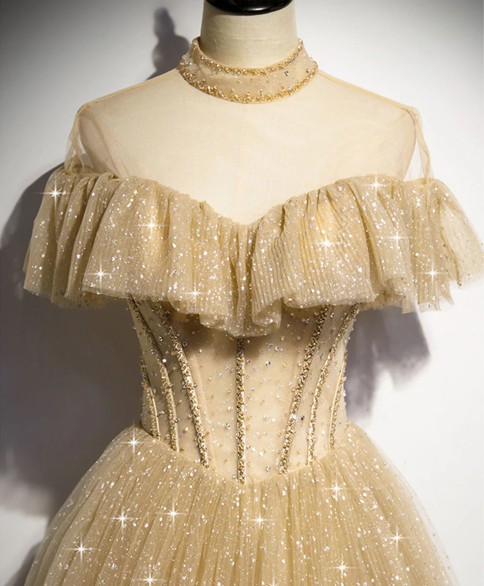Ball Gown Quinceanera Dresses Princess Dress Gold Sparkly Tulle Lace Long Prom Dress Gold Sweet 16 Dress