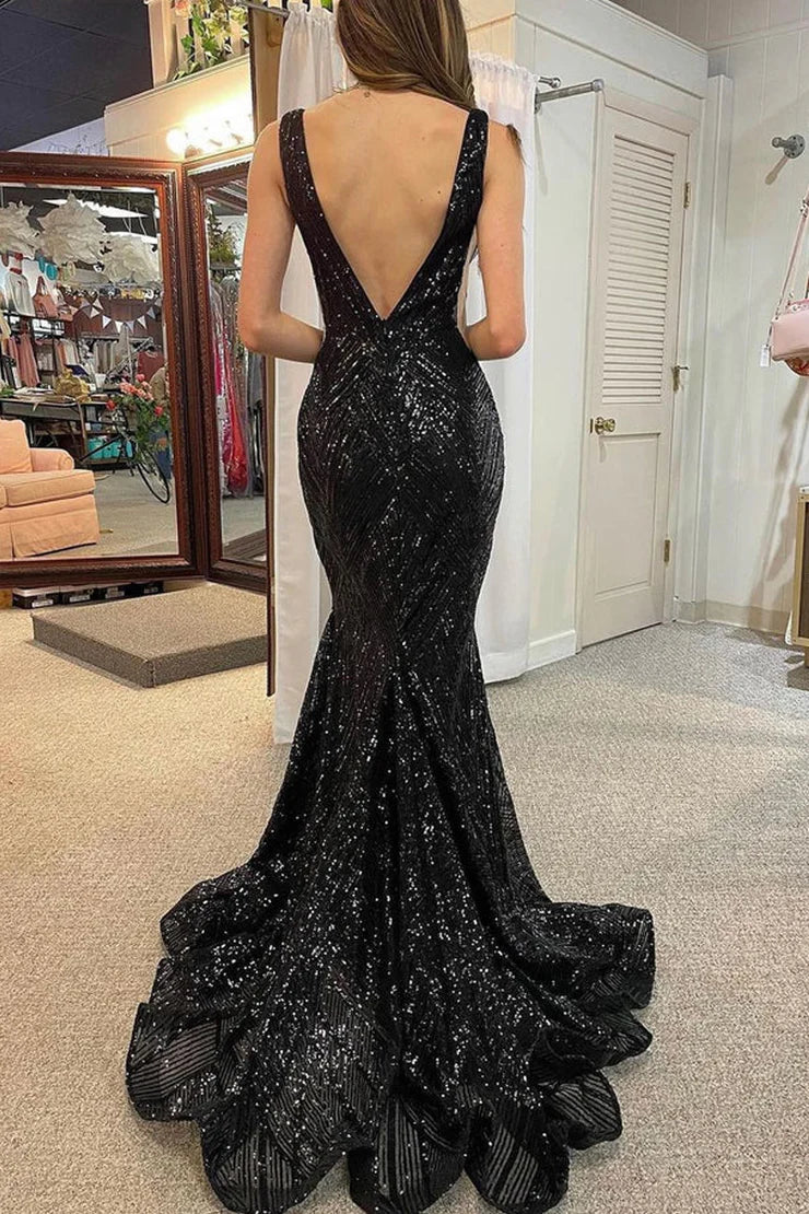 Sheath Mermaid V Neck Black Sequins Prom Dresses