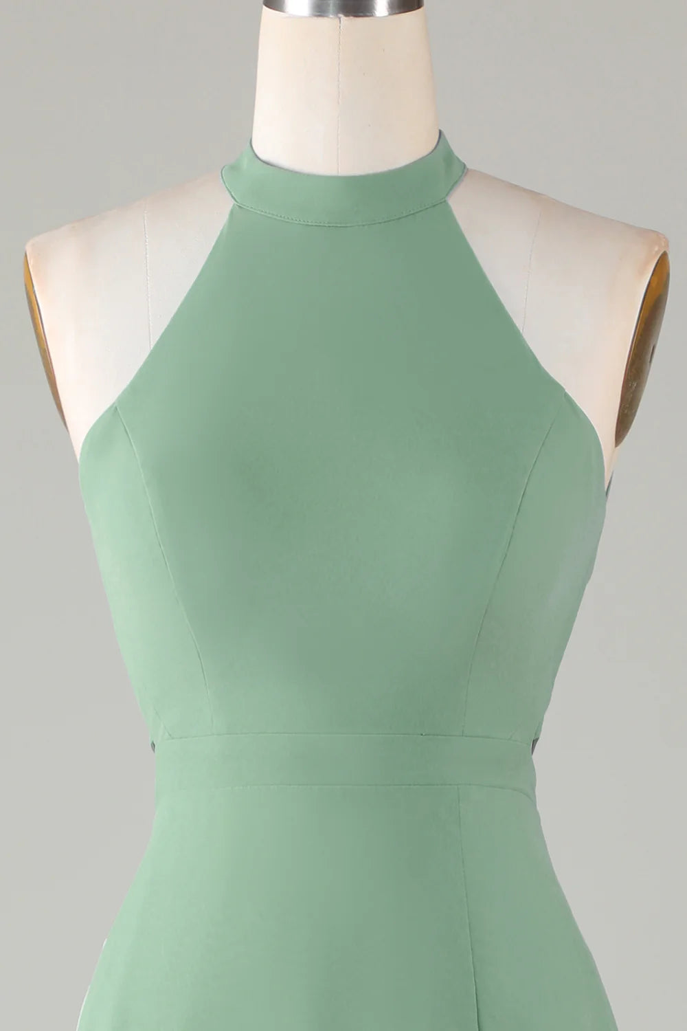 A-Line Halter Open Back Matcha Bridesmaid Dress with Split