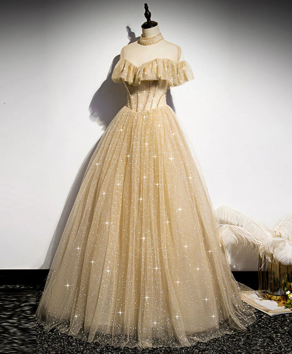 Ball Gown Quinceanera Dresses Princess Dress Gold Sparkly Tulle Lace Long Prom Dress Gold Sweet 16 Dress