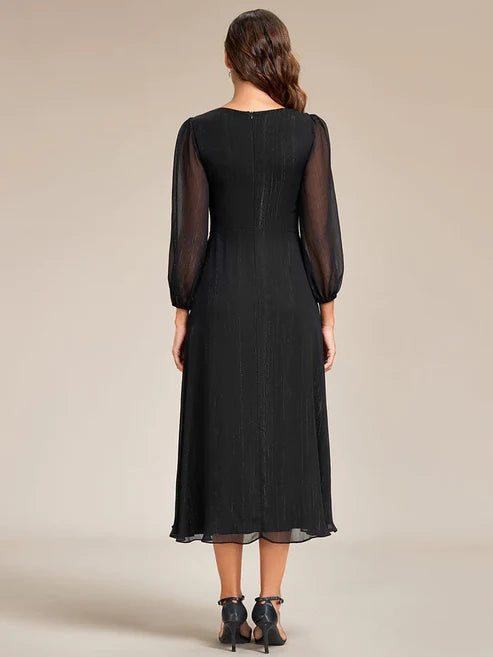 See-Through Long Sleeve Twist Knot A-Line Lotus Leaf Shimmering Evening Dress/Prom Dresses Party Dresses