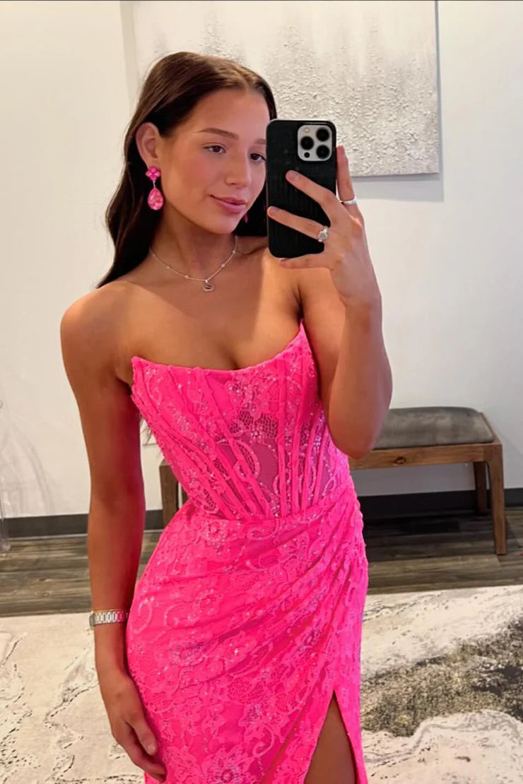 Mermaid Strapless Scoop Neck Lace Sequins Long Prom Dress with Slit