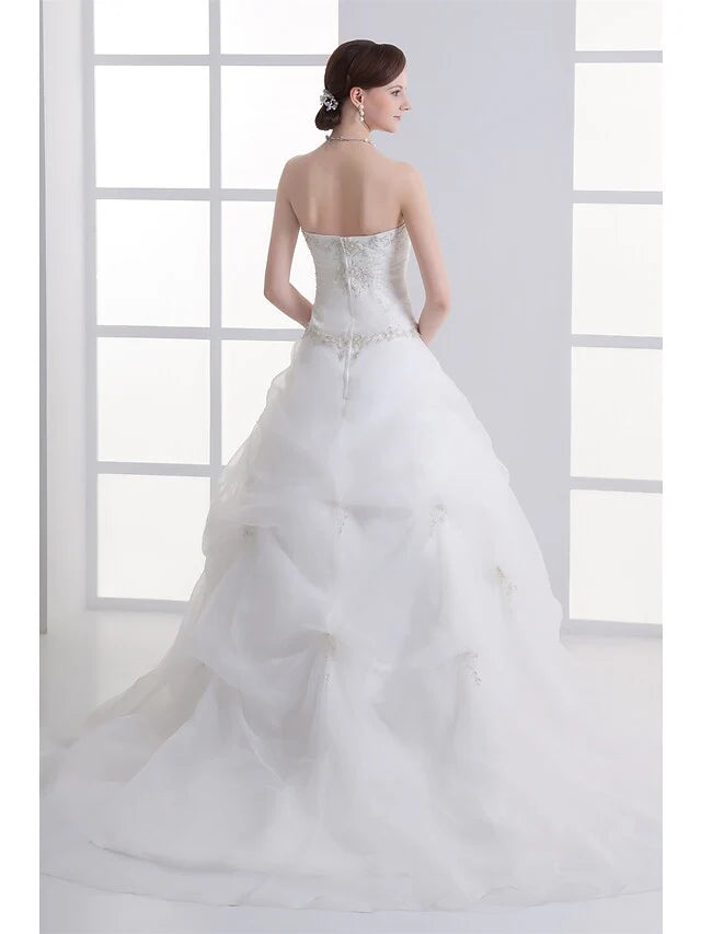 A-Line Wedding Dresses Strapless Court Train Organza Satin Strapless with Pick Up Skirt Ruched Beading Embroidery