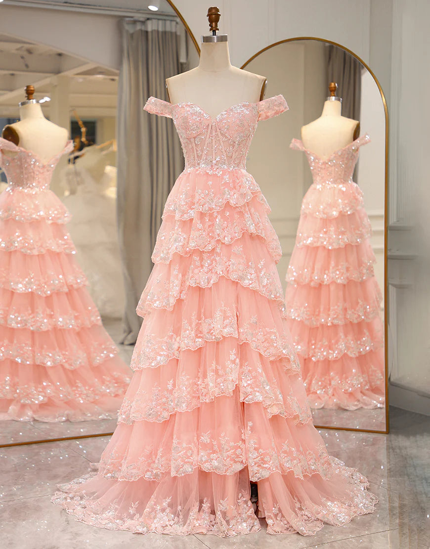 A Line Off the Shoulder Long Layers Prom Dress with Appliques