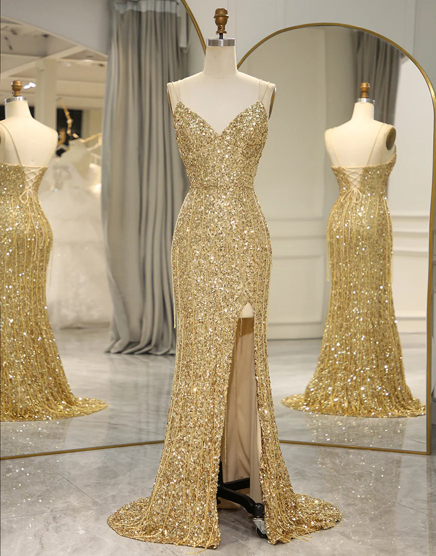 Spaghetti Straps Sequins Long Prom Dress with Split Front