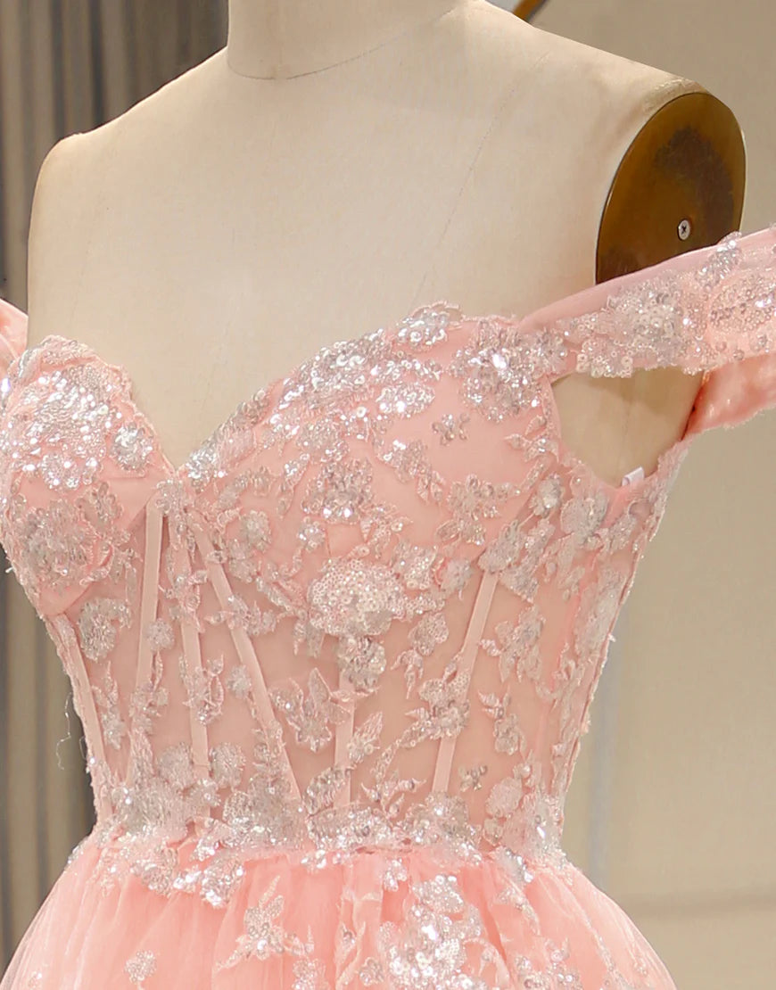 A Line Off the Shoulder Long Layers Prom Dress with Appliques