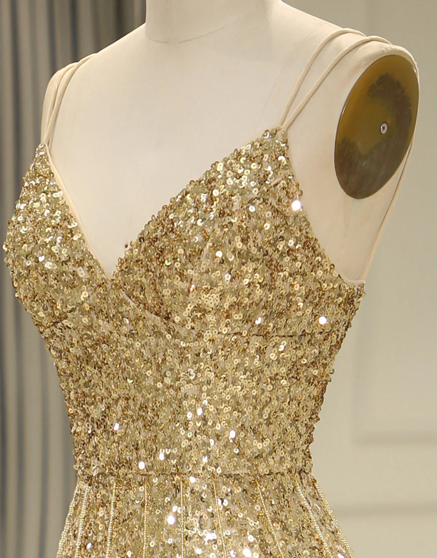 Spaghetti Straps Sequins Long Prom Dress with Split Front