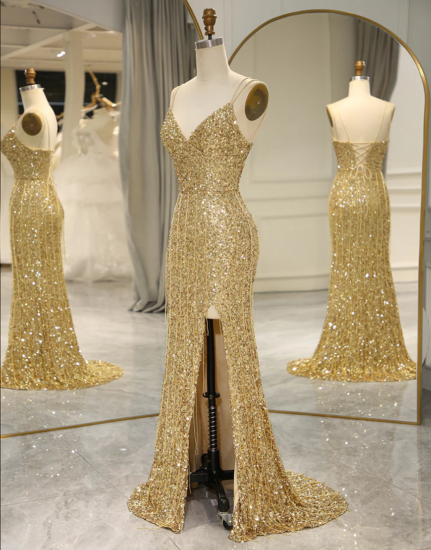 Spaghetti Straps Sequins Long Prom Dress with Split Front