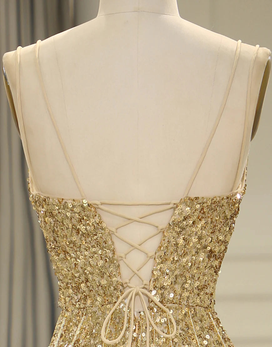 Spaghetti Straps Sequins Long Prom Dress with Split Front