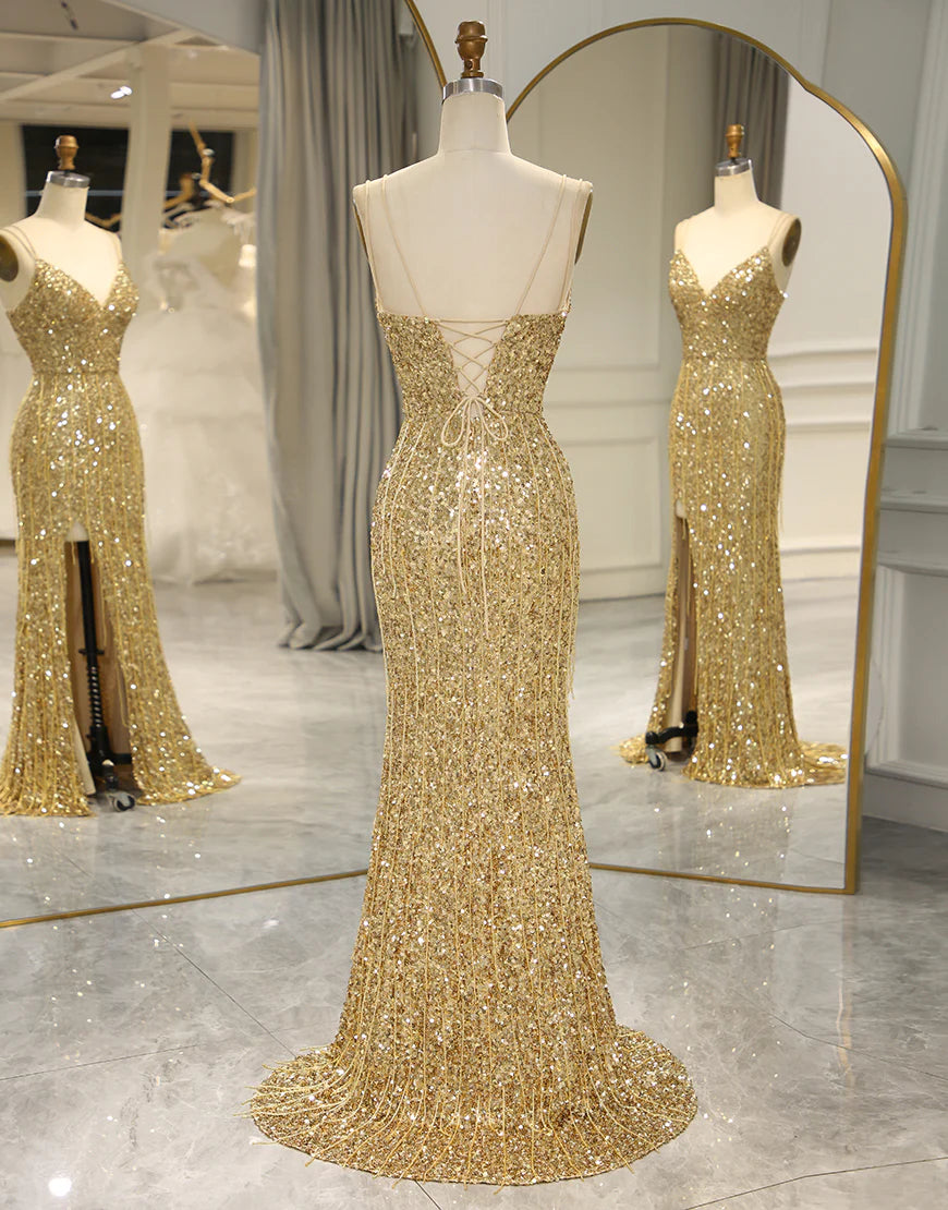 Spaghetti Straps Sequins Long Prom Dress with Split Front