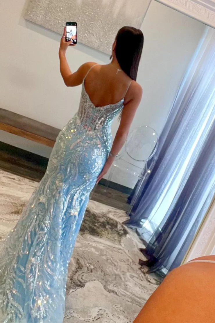 Mermaid Spaghetti Straps V Neck Lace Sequins Long Prom Dresses with Slit