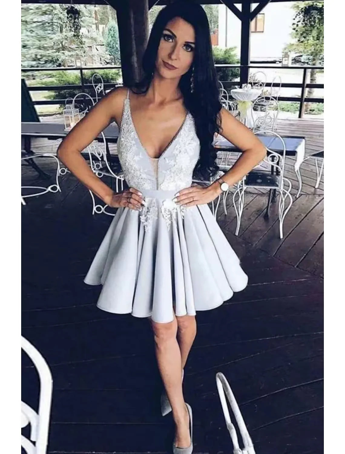 A-Line Cocktail Dresses Party Dress Graduation Short / Mini Sleeveless V Neck Satin Backless with Beading Appliques 1 review