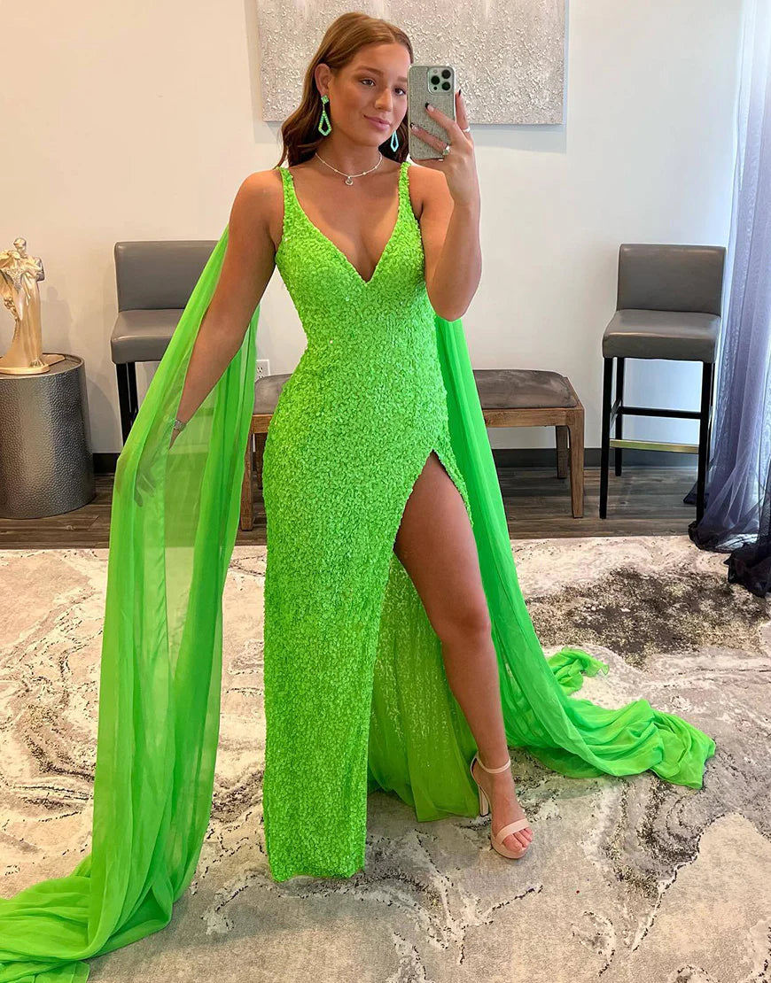 Sleek Glittering Sparkle Sheath Prom Dress With High Slit