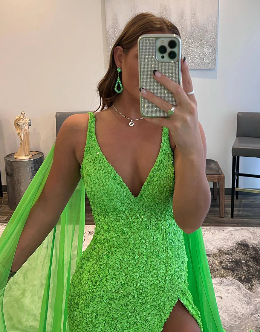 Sleek Glittering Sparkle Sheath Prom Dress With High Slit