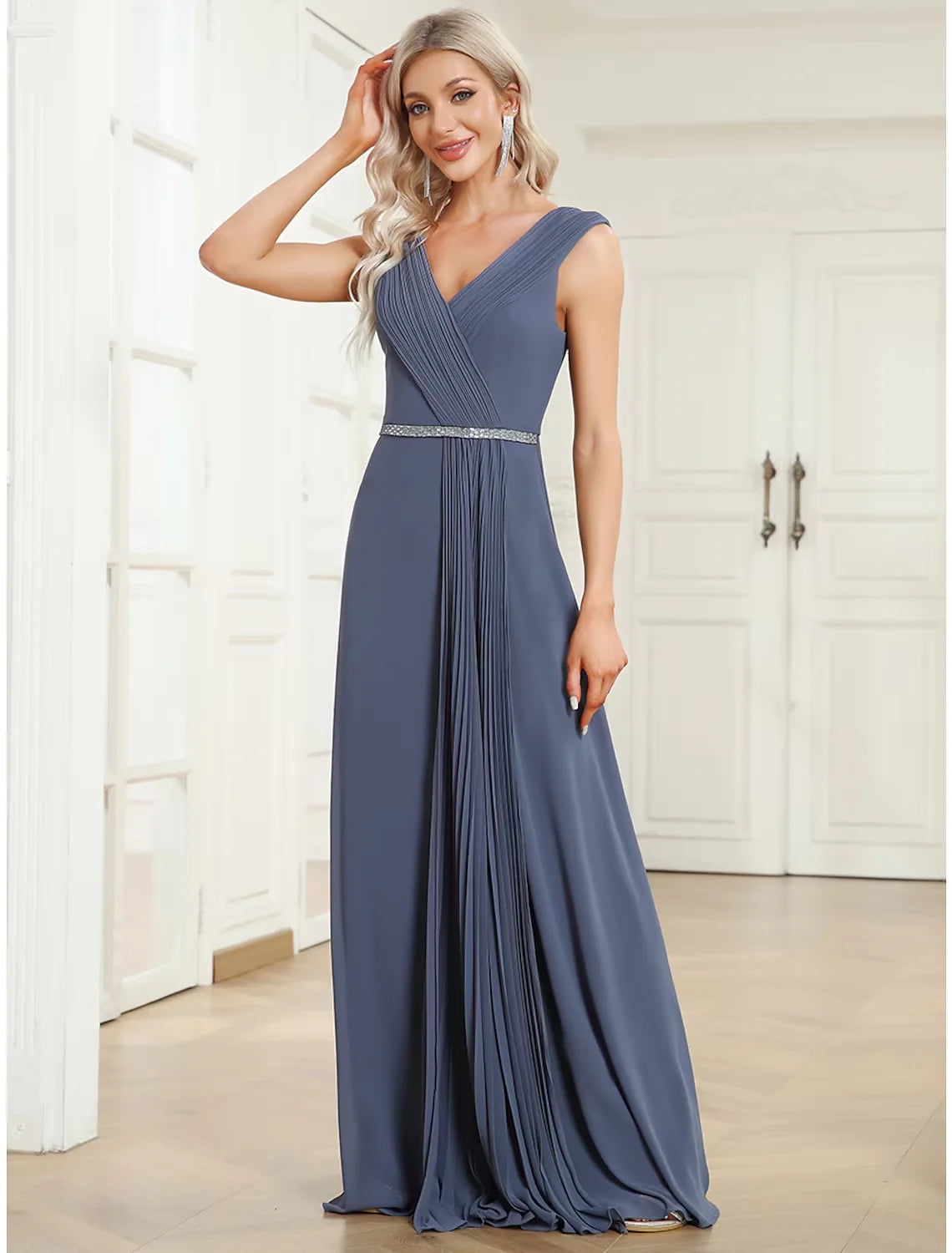 A-Line Wedding Guest Dresses Minimalist Dress Formal Floor Length Sleeveless V Neck Chiffon with Pleats Pure Color