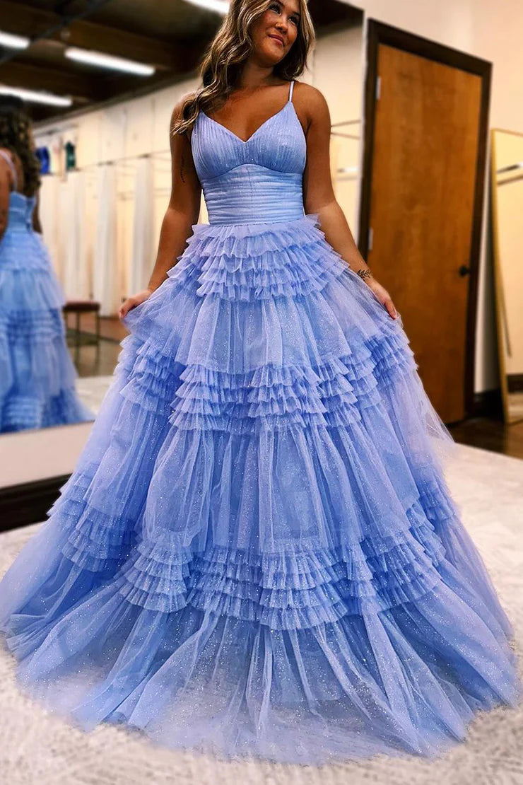 A Line Ball Gown V Neck Sparkly Black Tulle Long Prom Dresses