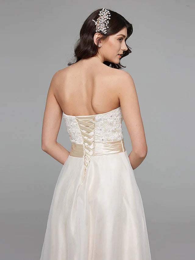 A-Line Wedding Dresses Sweetheart Neckline Asymmetrical Satin Floral Lace Strapless Simple Plus Size with Sash Ribbon Beading