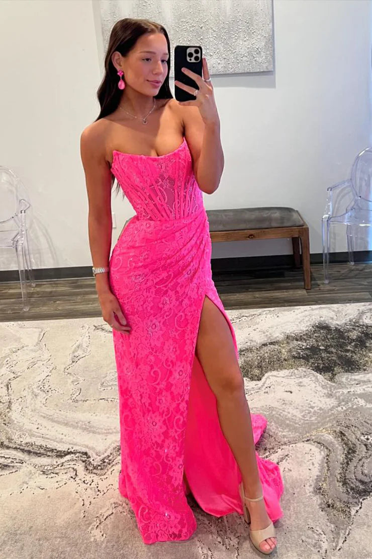 Mermaid Strapless Scoop Neck Lace Sequins Long Prom Dress with Slit