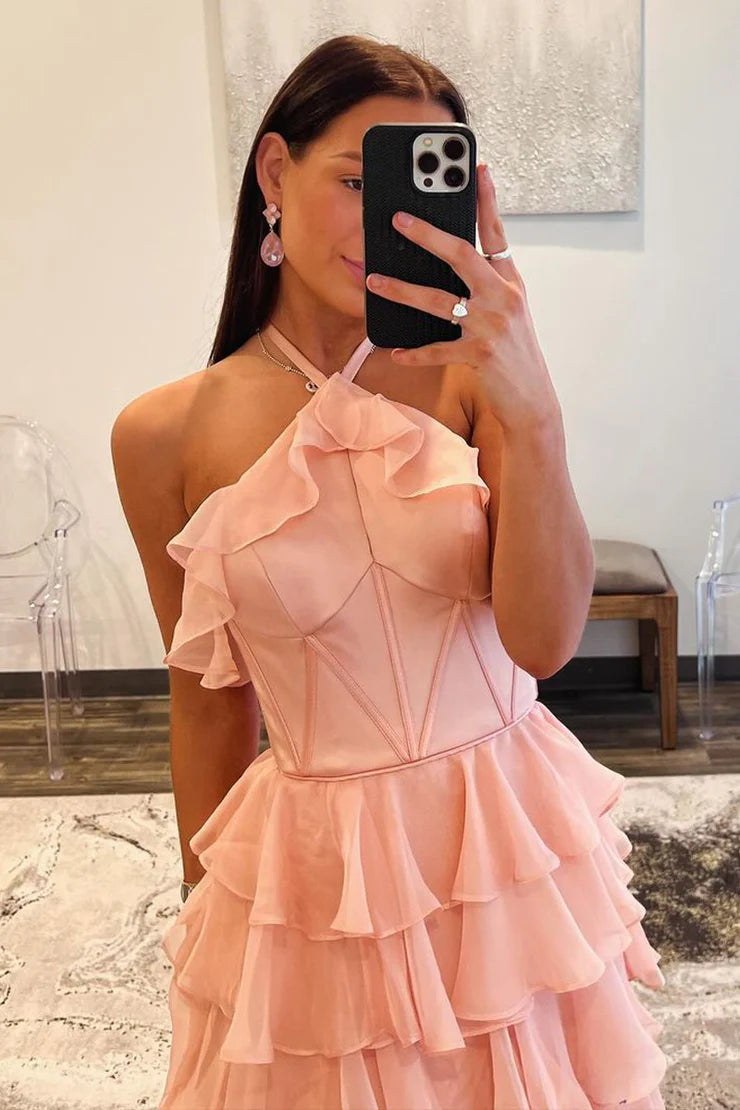 A-Line Halter Ruffle Tiered Chiffon Long Prom Dress