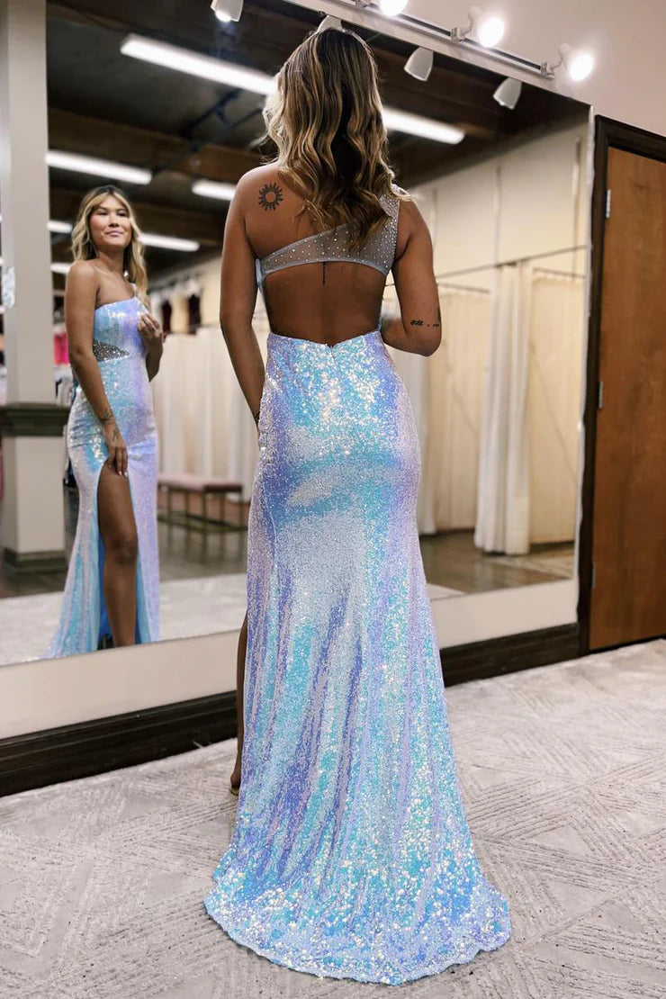 Mermaid Sleek Glittering Sparkle One Shoulder Sequins Long Prom Dresses with Beading