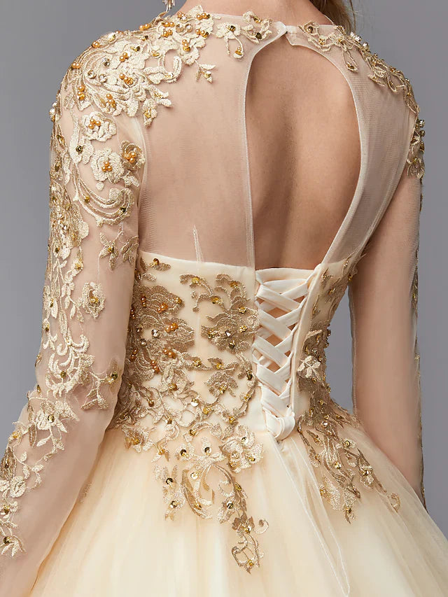 Ball Gown Wedding Dresses Jewel Neck Lace Tulle Long Sleeve Glamorous See-Through Backless Modern with Beading Appliques Gold Color