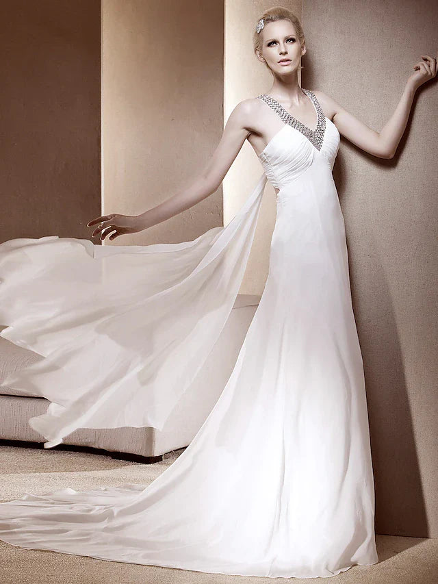Princess A-Line Wedding Dresses V Neck Court Train Chiffon Sleeveless Sparkle & Shine with Sequin