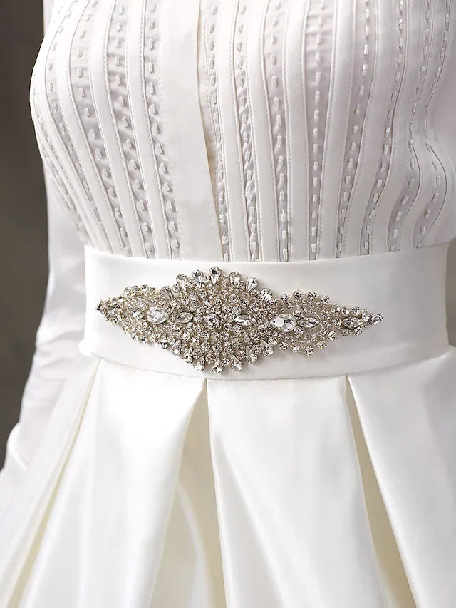 Ball Gown Wedding Dresses High Neck Satin Long Sleeve Glamorous Sparkle & Shine with Bowknot Sash Ribbon Beading
