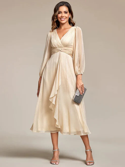 See-Through Long Sleeve Twist Knot A-Line Lotus Leaf Shimmering Evening Dress/Prom Dresses Party Dresses
