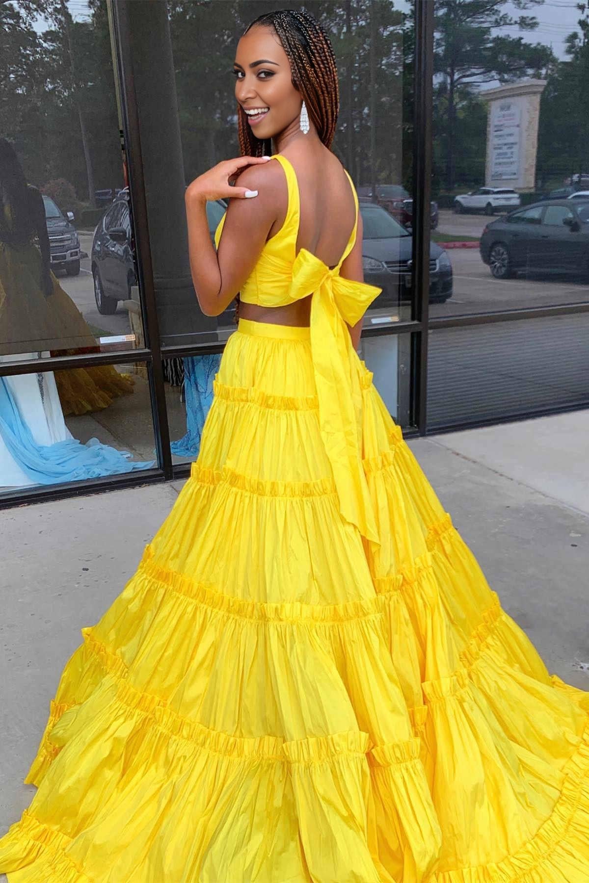 A-Line Two Pieces Spaghetti Straps V Neck Open Back Ruffle Prom Dress Sexy