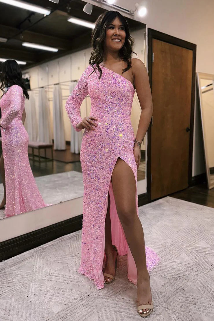 One Shoulder Long Sleeve Mermaid Sequins Long Prom Dresses with Slit