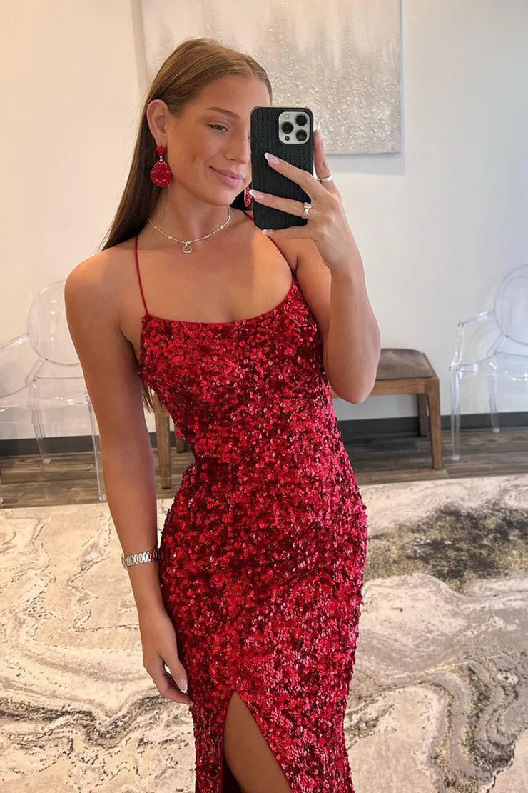 Mermaid Spaghetti Straps Scoop Neck Sequins Long Prom Dresses with Slit