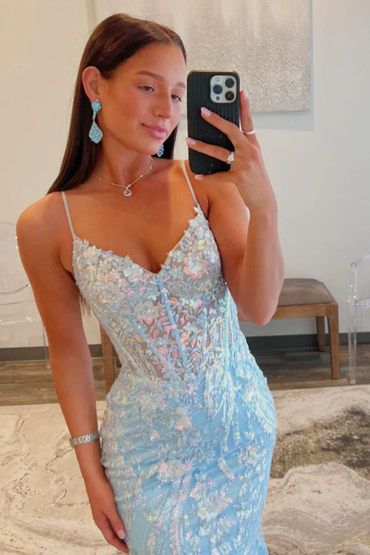Mermaid Spaghetti Straps V Neck Lace Sequins Long Prom Dresses with Slit