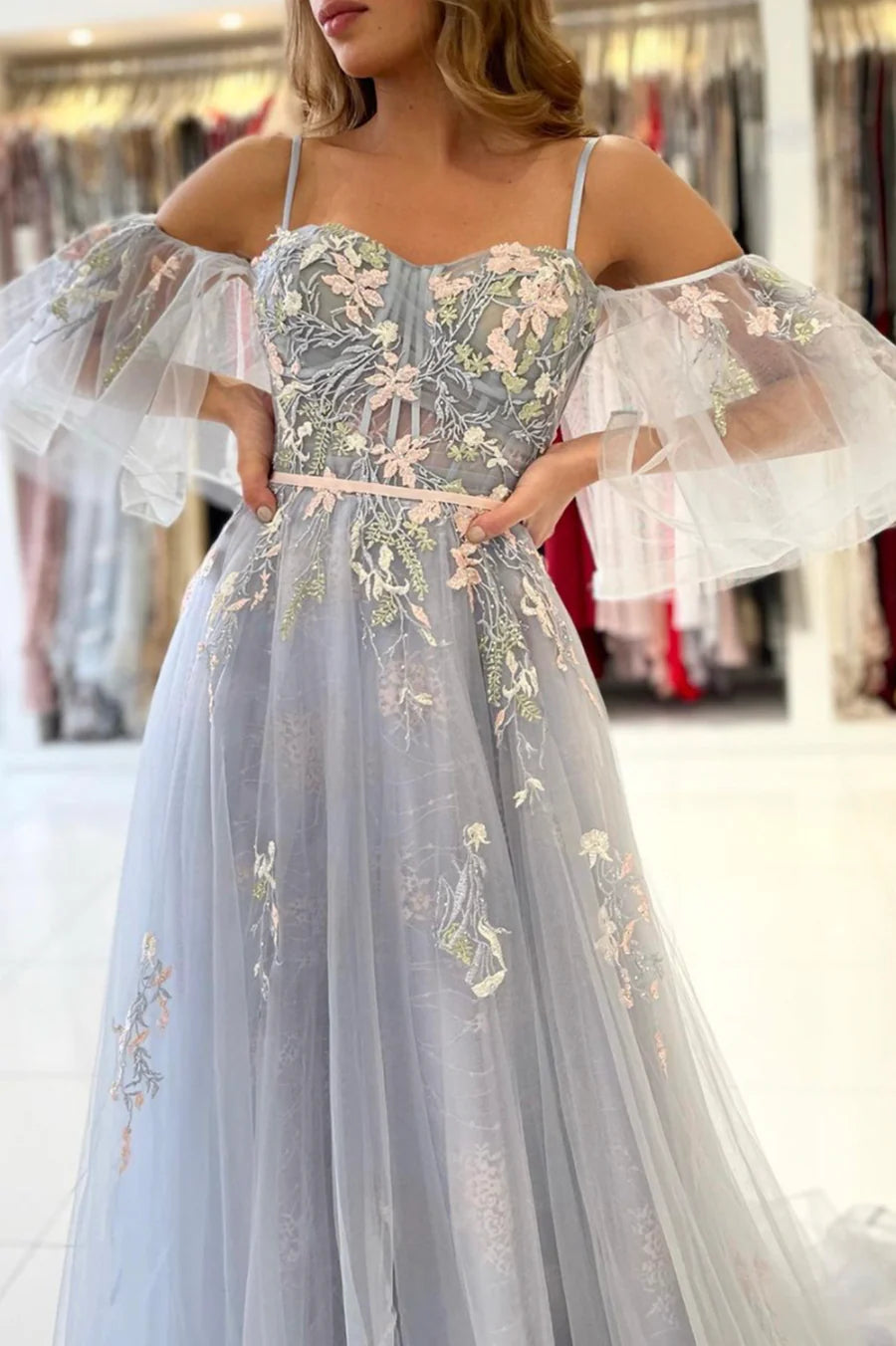 A-Line Off the Shoulder Gray Spaghetti Strap Party Dresses Long Prom Dresses With Appliques
