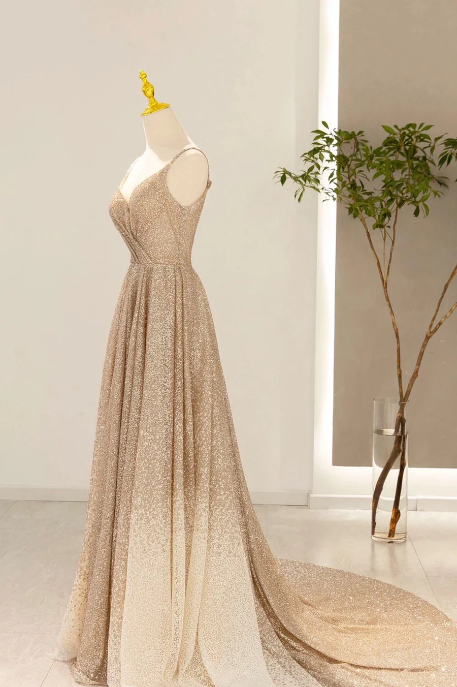 Prom Dresses V-Neck Sparkle & Shine Dress Wedding Guest Birthday Court Train Sleeveless Sequined Evening Party Dress