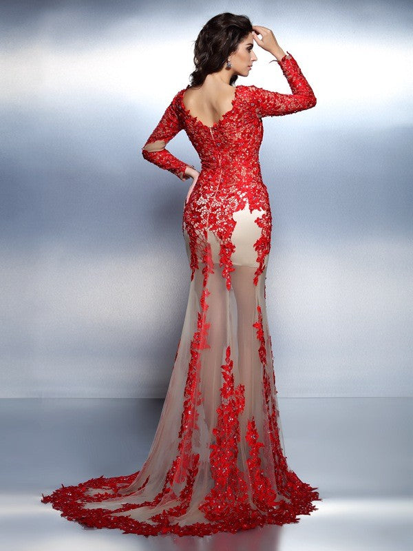 Trumpet/Mermaid V-neck Applique Long Sleeves Long Lace Party Dresses Formal Dresses