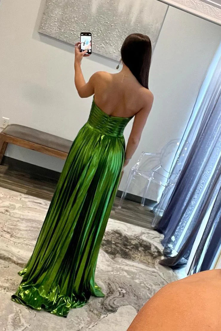 Sheath Strapless Sweetheart Sparkly Satin Long Prom Dress with Slit