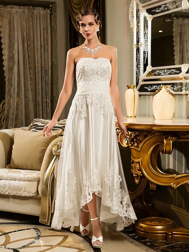 A-Line Wedding Dresses Strapless Asymmetrical Beaded Lace Strapless Vintage Illusion Detail with Appliques ButtonA-Line Wedding Dresses Strapless Asymmetrical Beaded Lace Strapless Vintage Illusion Detail with Appliques Button
